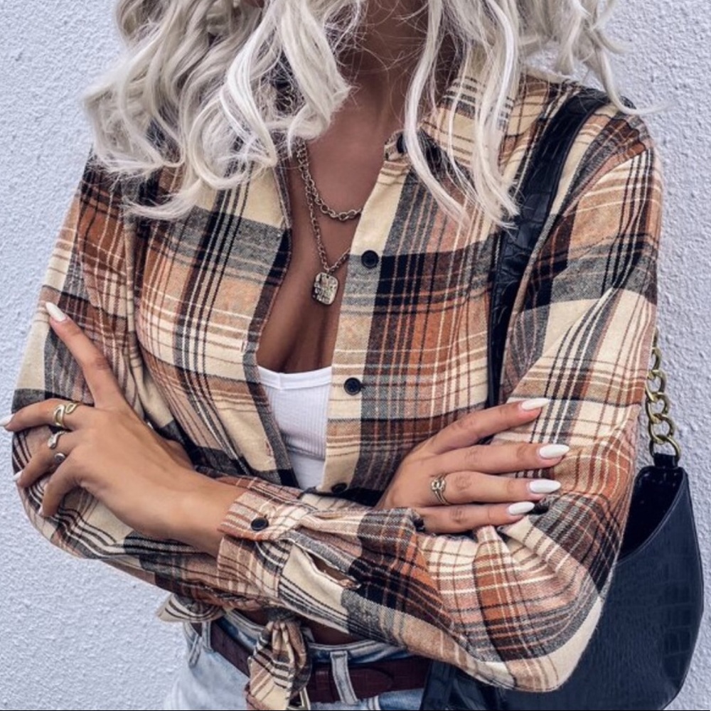 Boho khaki plaid casual button down shirt - Picture 2 of 5
